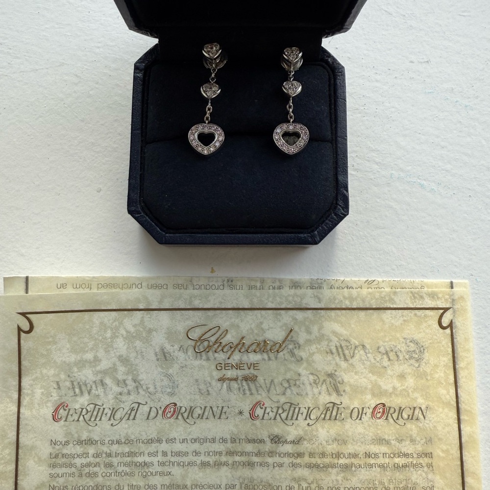 Chopard Silver Heart Dangle Earrings with Crystal Accents